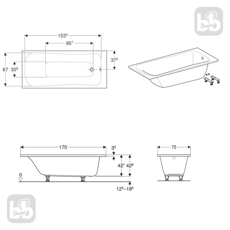 Geberit SELNOVA ванна 170*75см, прямокутна, з ніжками,