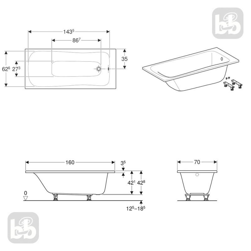 Geberit SELNOVAванна 160*70см, прямокутна, з ніжками,
