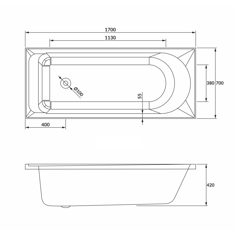 IMPRESE VALTICE New ванна 170*70*42 см, акрил, без ножек, (b0700657070)