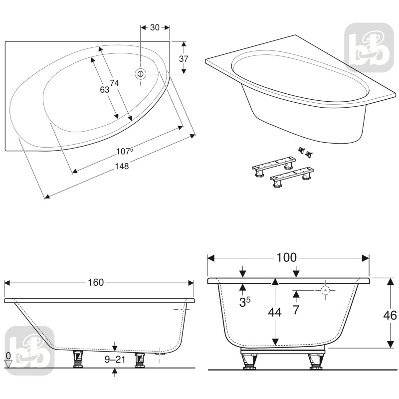 Geberit SELNOVA ванна 160*100 см, асиметрична, з ніжками,