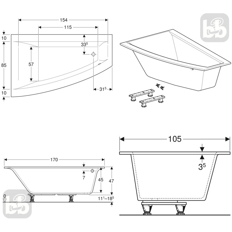 Geberit SELNOVA Square ванна 170*105 см, асиметрична, з ніжками,