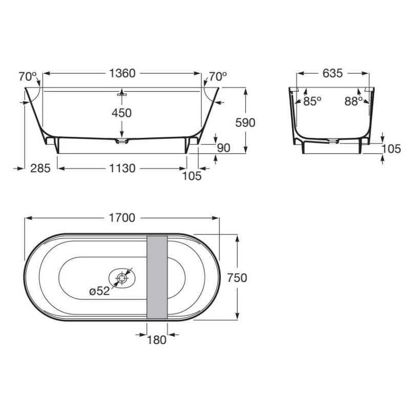 ROCA TURA ванна із штучного каменю STONEX 170*75см, овальна,вільностояча, злив-перелив, в комплекті із сифоном click-clack та з дерев`яною поличкою, (A248672000)