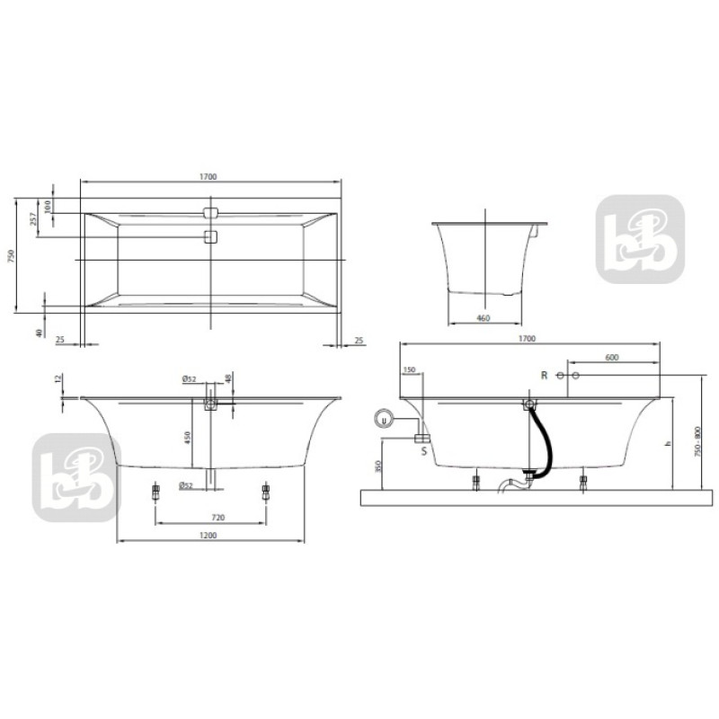 VILLEROY & BOCH SQUARO EDGE 12 вана 170*75 см, (UBQ170SQE2DV-01)