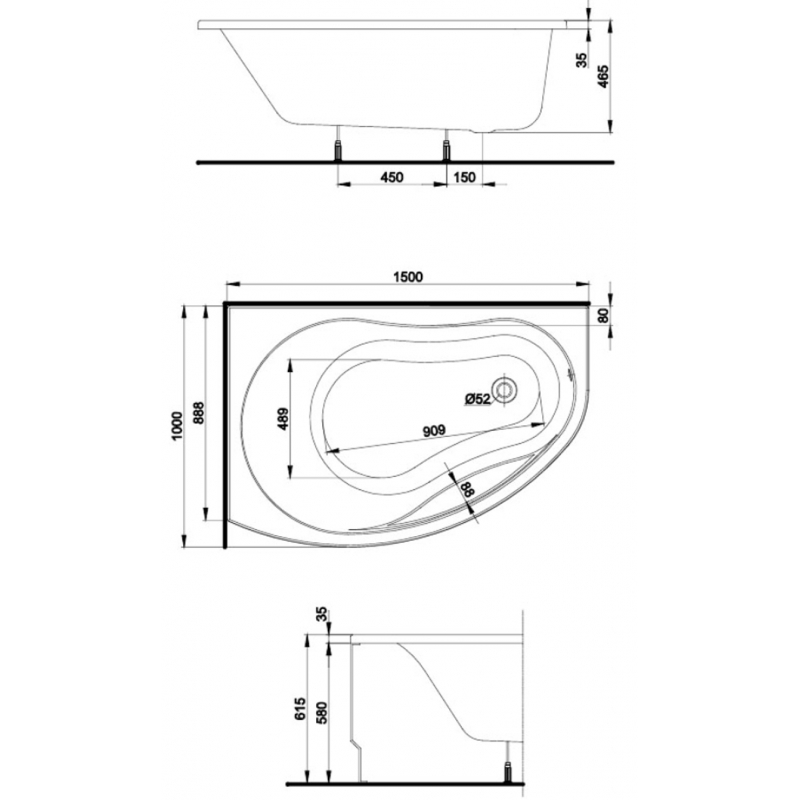 KOLO PROMISE ванна акрилова ліва 150 * 100 біла з ніжками, Украина (XWA3051000)