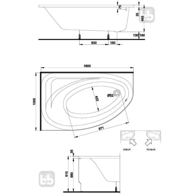 KOLO SPRING ванна акрилова ліва 160 * 100 біла з ніжками, Украина (XWA3061000)