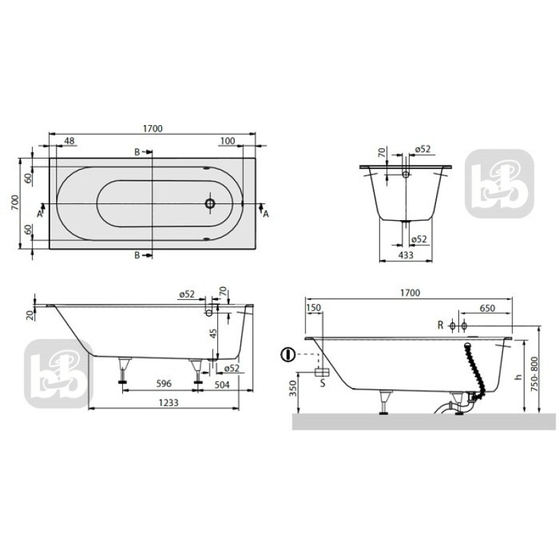 VILLEROY & BOCH ODERON ванна 170*70см, (UBQ177OBE2V-01)