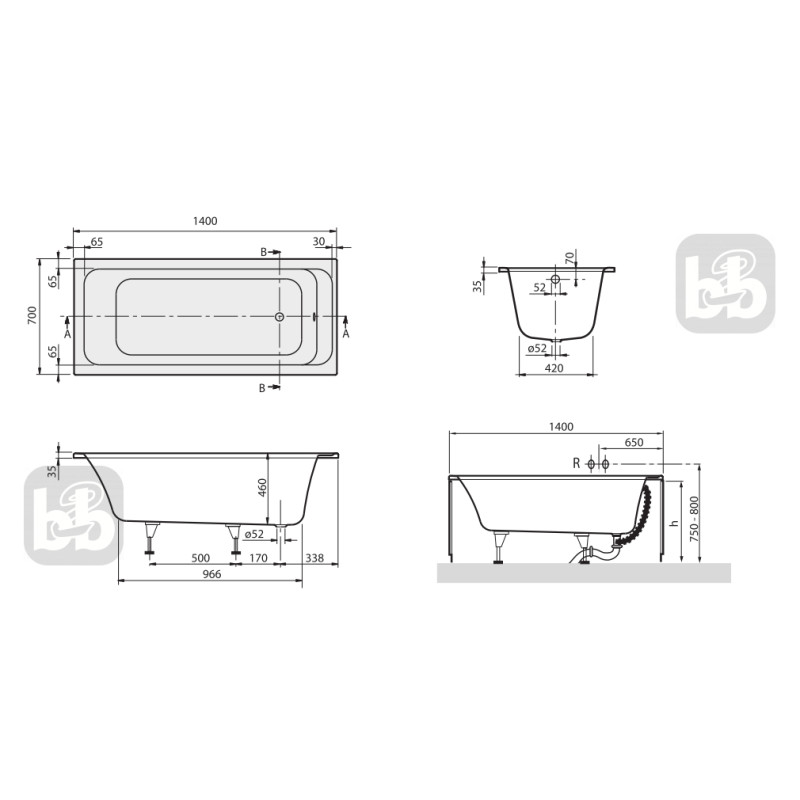 VILLEROY & BOCH OMNIA ARCHITECTURA-ванна 140*70см, (UBA147ARA2V-01)
