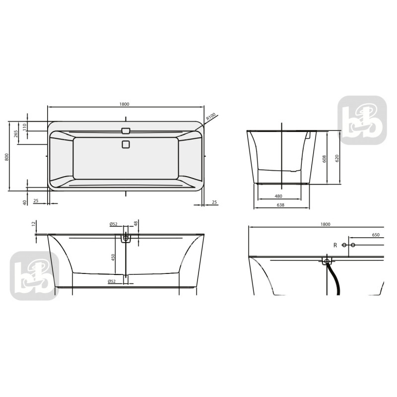 VILLEROY & BOCH SQUARO EDGE 12 - Ванна 180 * 80см, окремостояча, з білою панеллю, (UBQ180SQE7PDV-01)