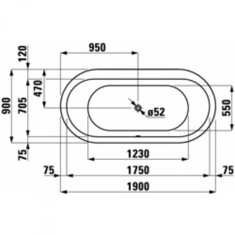 Laufen SOLUTIONS ванна овальна 1900*900*460мм,вбудована версія, із санітарного акрилу,біла,без рами,