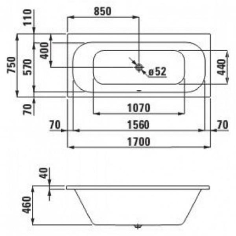 Laufen SOLUTIONS ванна акрилова 170х75х63 вбудовується, без рами, з алюм. профілем для ніжок, без панелі, біла,