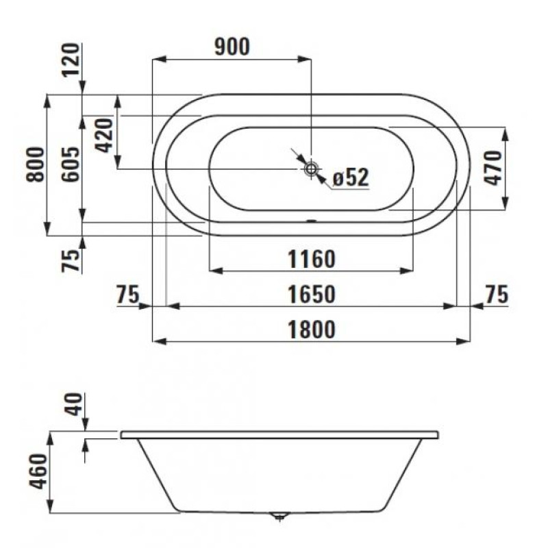Laufen SOLUTIONS ванна овальна 1800*800*460мм, вбудована версiя, без рами, без панелi, з алюмiн.профiлем для нiжок,
