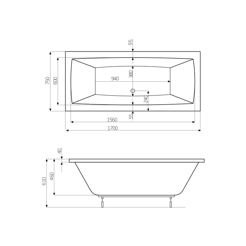 ROCA VITA ванна 1700*750мм, з нiжками, (A24T066000)