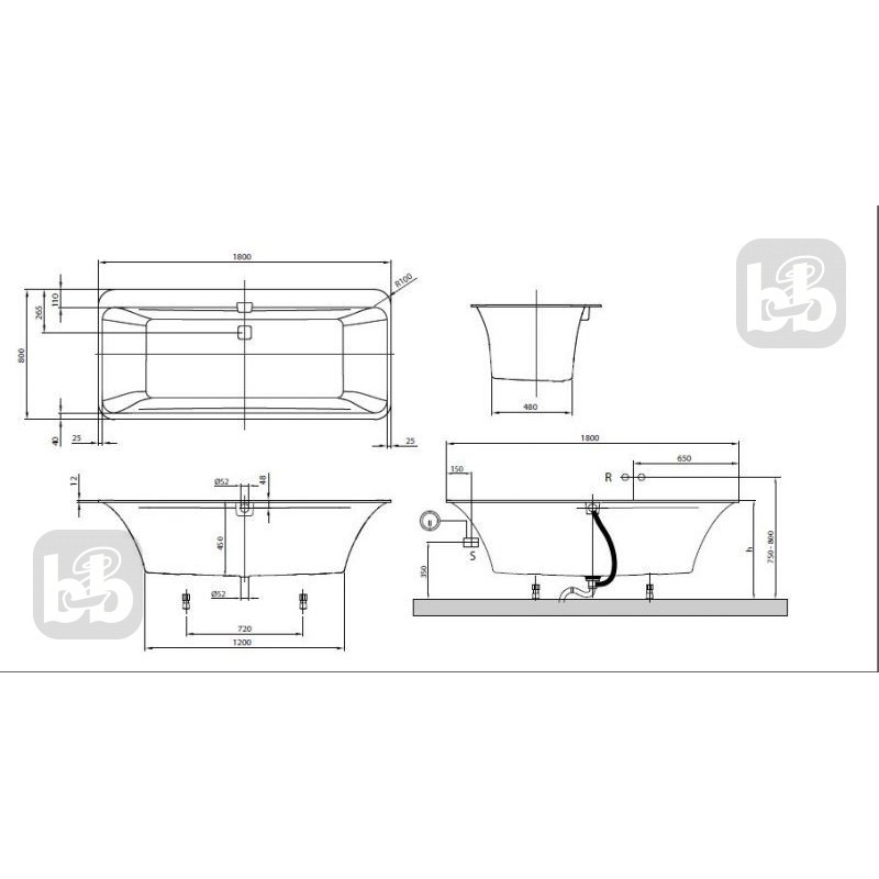 VILLEROY & BOCH SQUARO EDGE 12 ванна 180*80см, колiр бiлий альпiн, (UBQ180SQE7DV-01)