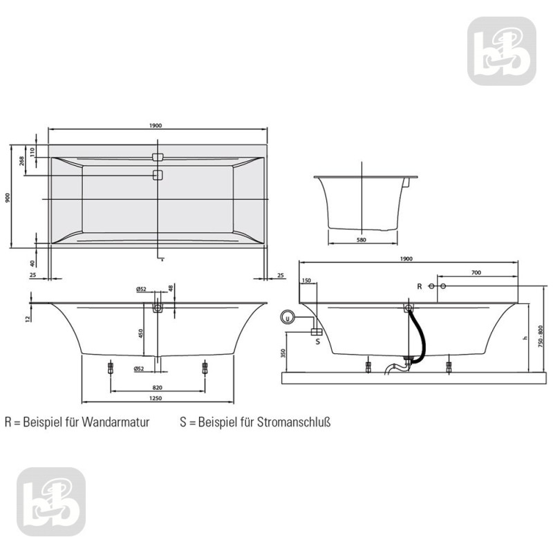 VILLEROY & BOCH SQUARO EDGE 12 ванна 190*90см, з системою гiдромасажу Combipool Comfort, технiчна частина 1, бiлий альпiн, (UCC190SQE2B1V01)