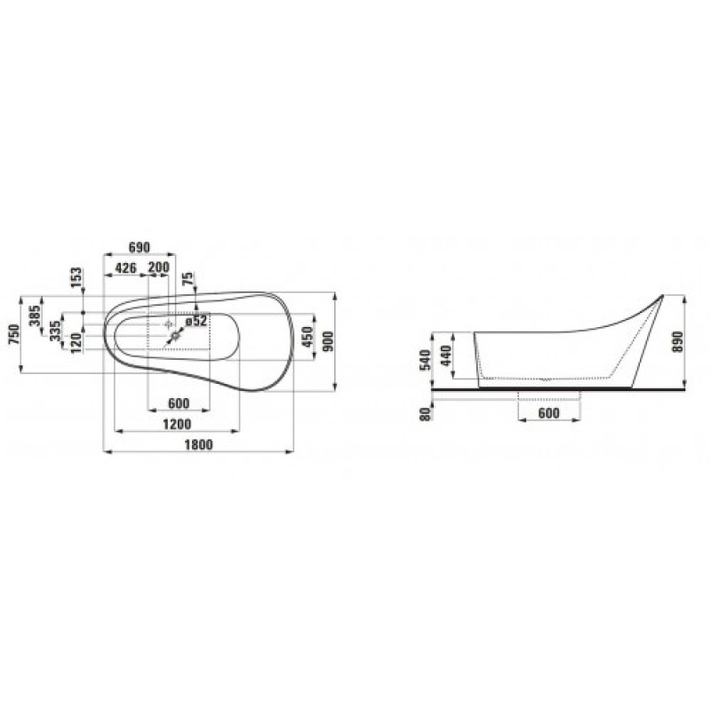 Laufen PALOMBA ванна 1835*960*750*540*900мм, стоїть окремо, Solid Surface/штучний камінь, колір білий,