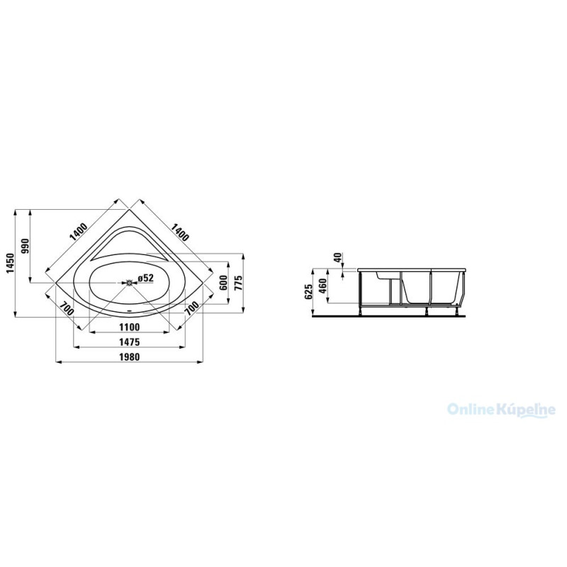 Laufen SOLUTIONS ванна 1400*1400*625мм, кутова, з алюмiн. рамою, з C-панеллю, бiла, без злив переливу,
