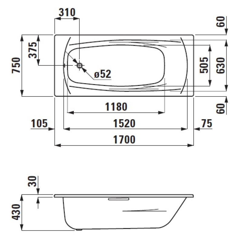 Laufen PALLADIUM ванна 170*75*43см, емальована сталь, з протишумними прокладками,