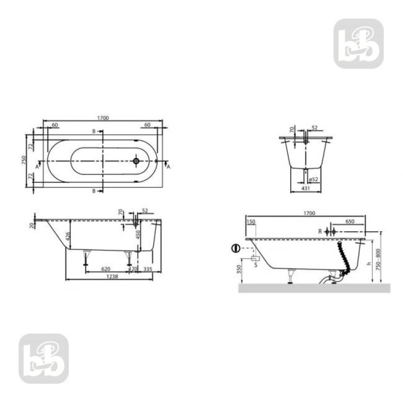 VILLEROY & BOCH OBERON ванна 170*75см з панеллю передньою Profibox alcove 2.0, (UBQ170OBE2V-01+ProfiboxAlcove2.0)