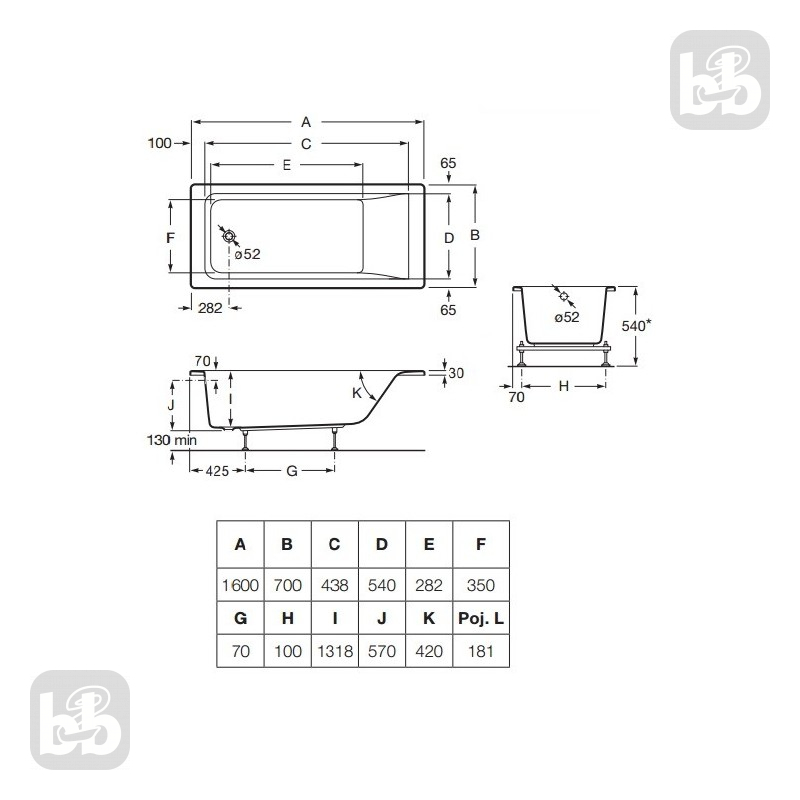 ROCA EASY ванна 160*70см акрилова, бiла, з нiжками, (A248195000)