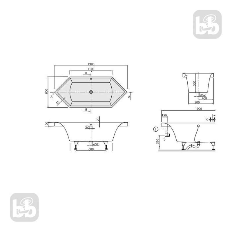 VILLEROY & BOCH SQUARO ванна 190*80см, белый альпин, (UBQ190SQR6V-01)