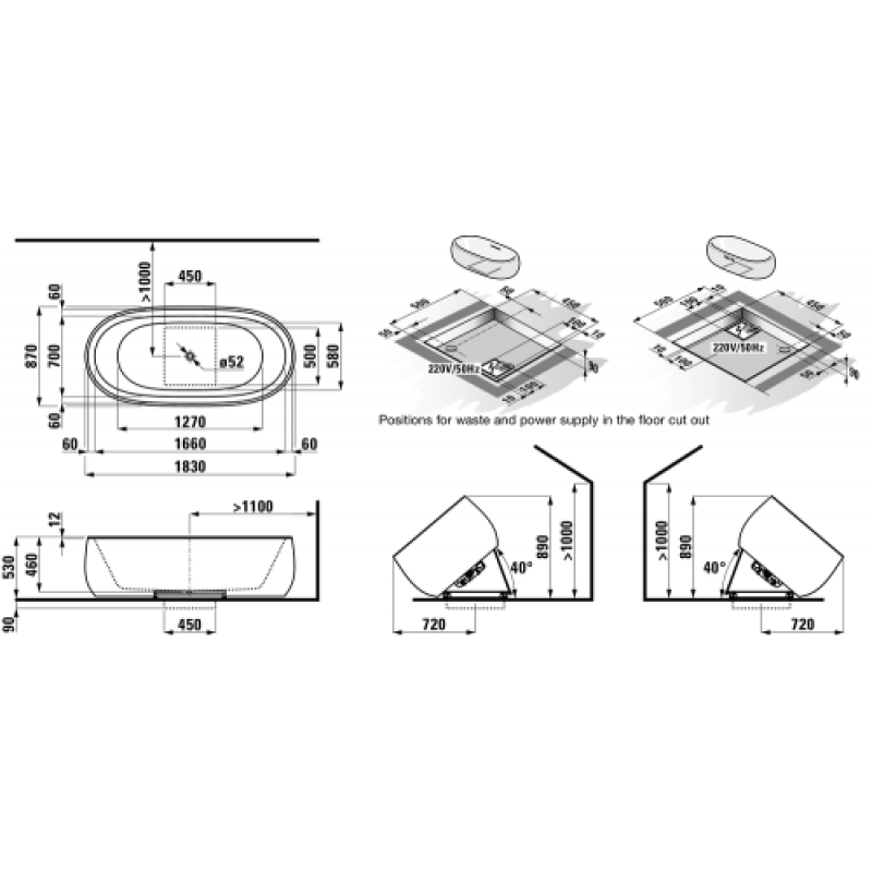 Laufen ALESSI ONE ванна 183*87см, окремостояча, штучний камiнь,