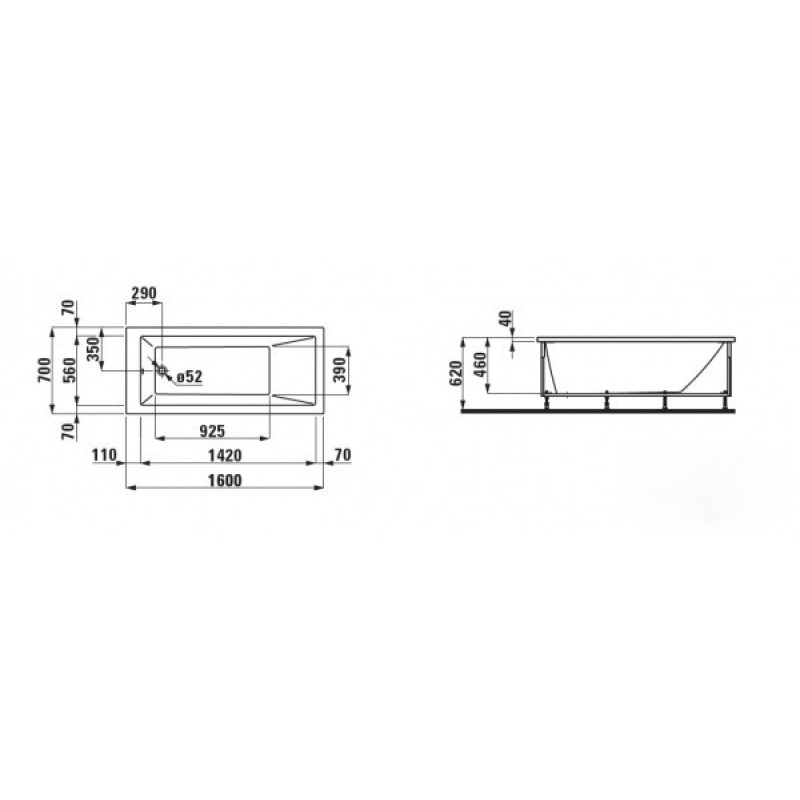Laufen PRO ванна 160*70*62см, з алюмiн. рамою, без панелi, без злив переливу,