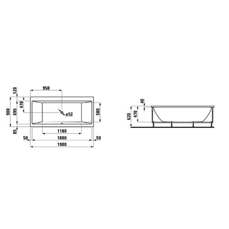 Laufen PRO ванна 190*90*62,5см, для встановлення в правому кутку, з алюмiн. рамою, з лiвою L-панеллю, бiла,