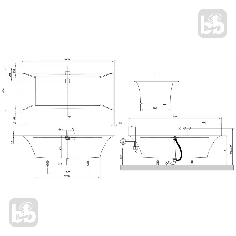VILLEROY & BOCH SQUARO EDGE 12 ванна 190*90см, с ножками, с комплектом слив/перелив, белый альпин+ панель Profibox 2.0 alcove, (UBQ190SQE2DV-01+Profibox 2.0 alcove)