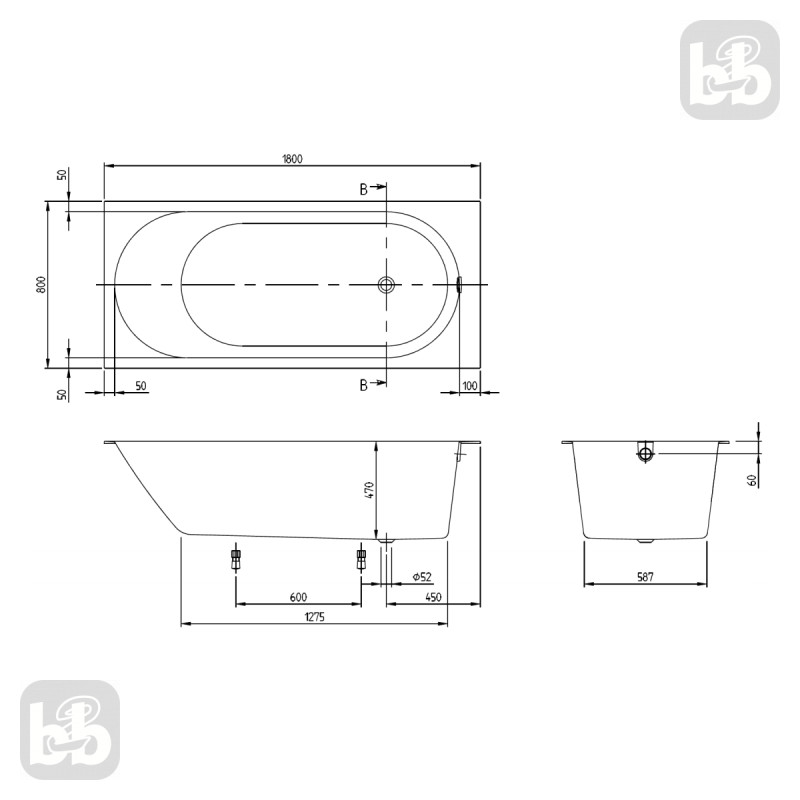 VILLEROY & BOCH OBERON 2.0 Solo ванна 180*80см кварилова з ніжками та зі зливом-переливом, (UBQ181OBR2DV-01)