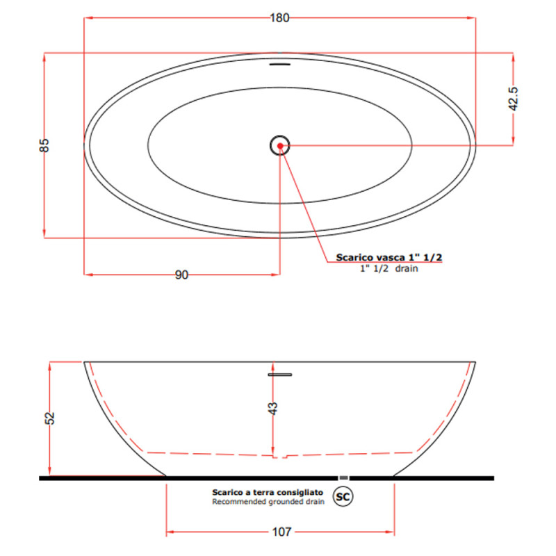 TREESSE V308BL CAREZZA Ванна зі штучного каменю 180 x 85 x 52h +сифон Crias400S51 NEU, білий