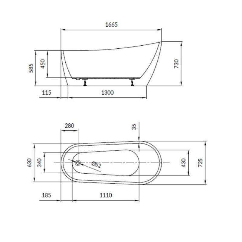 Cersanit Ванна акрилова окремостояча овальна ZEN 167х72, із сифоном та хромованим донним клапаном click-clack, білий глянець, (AZBV1000081516)