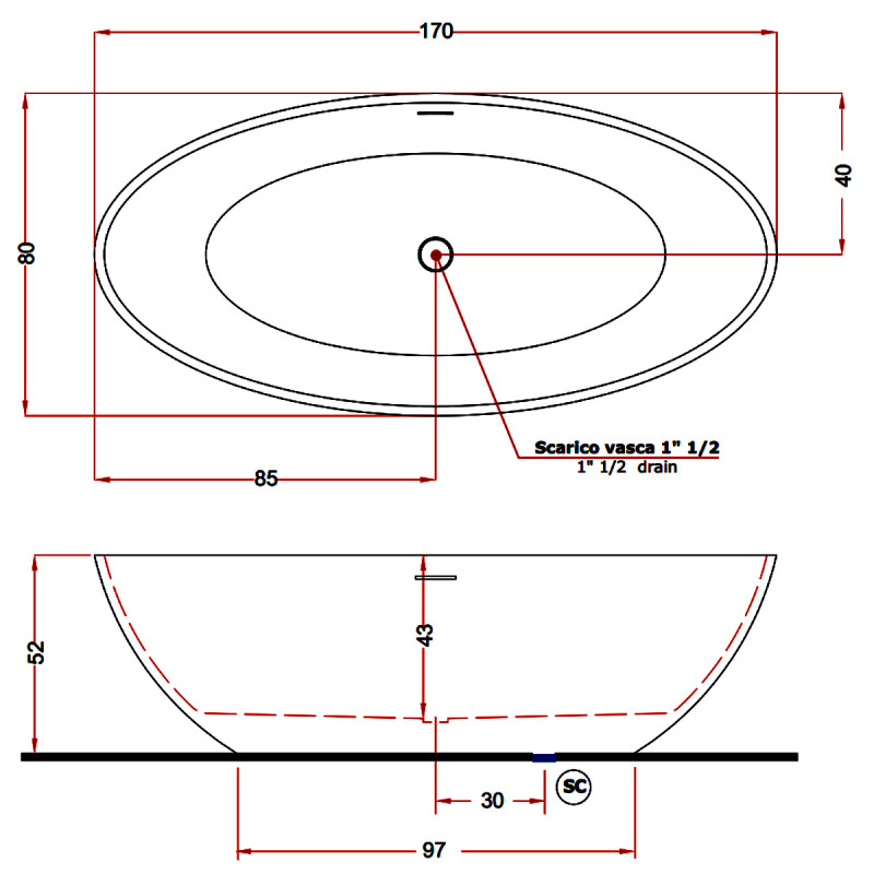 TREESSE V307BL CAREZZA Ванна зі штучного каменю 170 x 80 x 52h +сифон Crias400S51 NEU, білий