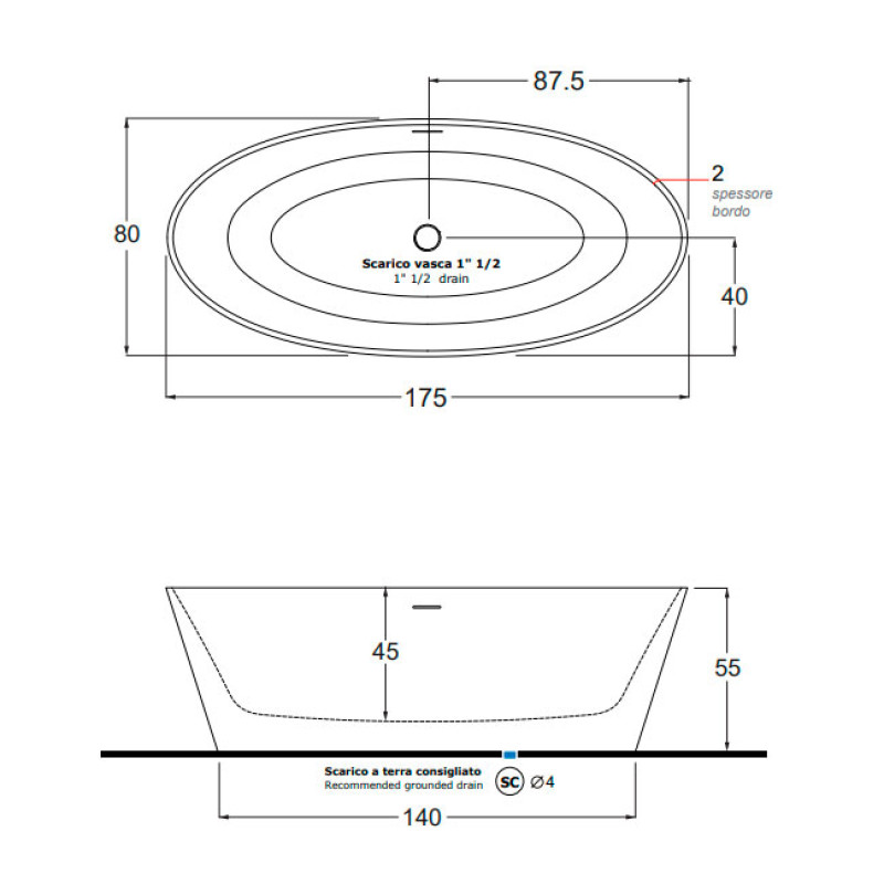 TREESSE V015BOALMA Ванна зі штучного каменю 175X80 x55h, білий матовий
