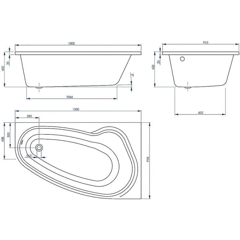 Devit 15090132NR AURORA Ванна кутова 150х90 права, з ніжками та кріпл. панелі(3уп)