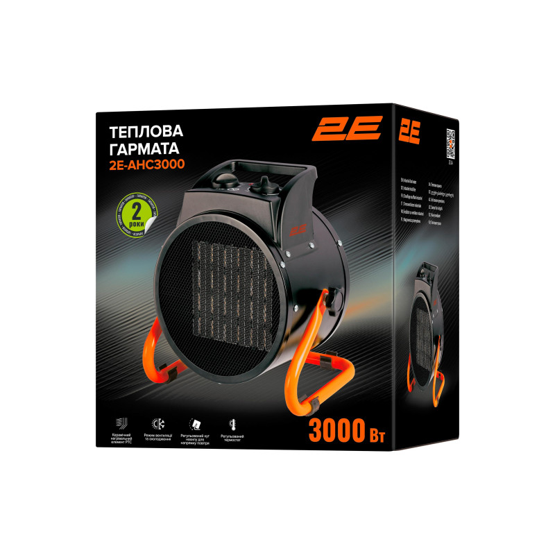 2E Теплова гармата електрична, 3кВт, 30м2, 280 м3/год, керамічний нагр.елемент (PTC), чорний (2E-AHC3000)