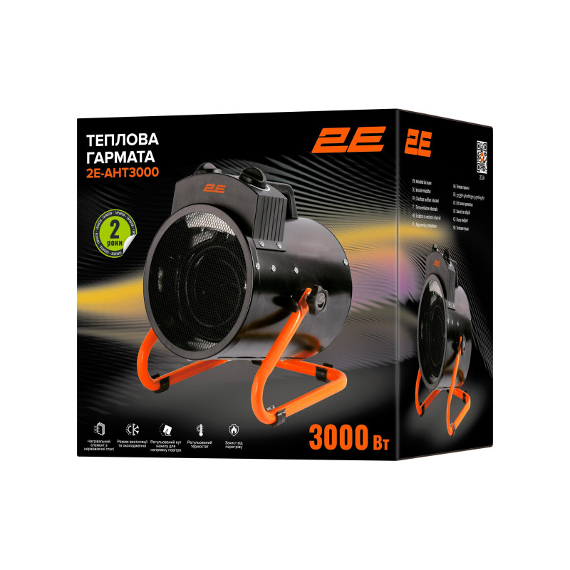 2E Теплова гармата електрична, 3кВт, 30м2, 286 м3/год, нагр.елемент - нерж.сталь, IPX4, чорний (2E-AHT3000)