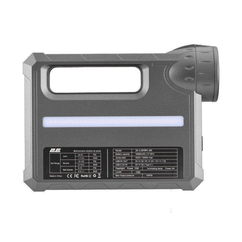 2E Пуско-зарядний пристрій Pitman з автомобільним компресором та ліхтарем, 10000мА·г/37Вт·г, 400А, 1xUSB/2.4A (2E-CJSPBPL-BK)