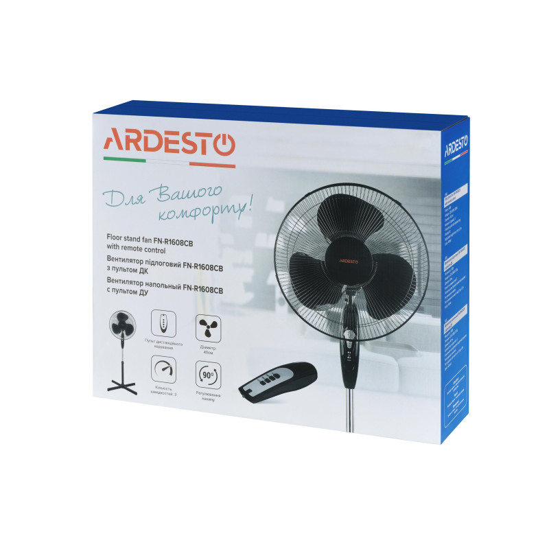ARDESTO Вентилятор підлоговий, 40см, 45Вт, пульт ДК, опора хрестовина, чорний (FN-R1608CB)
