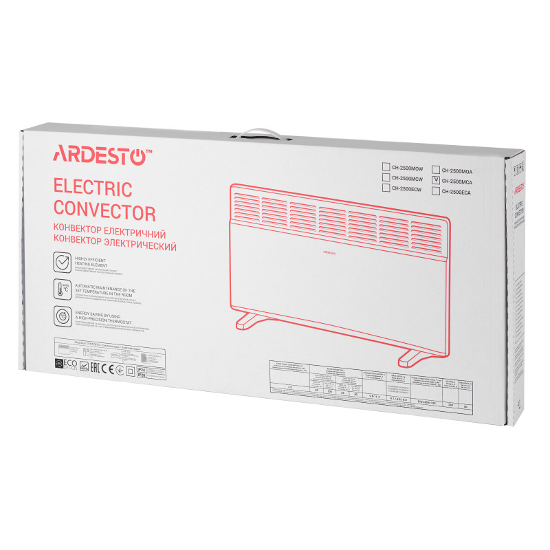 ARDESTO Конвектор електричний CH-2500MCA, 2500 Вт, 25 м2, закритий нагрів. елемент, IP24, мех. керування, антрацит матовий (CH-2500MCA)