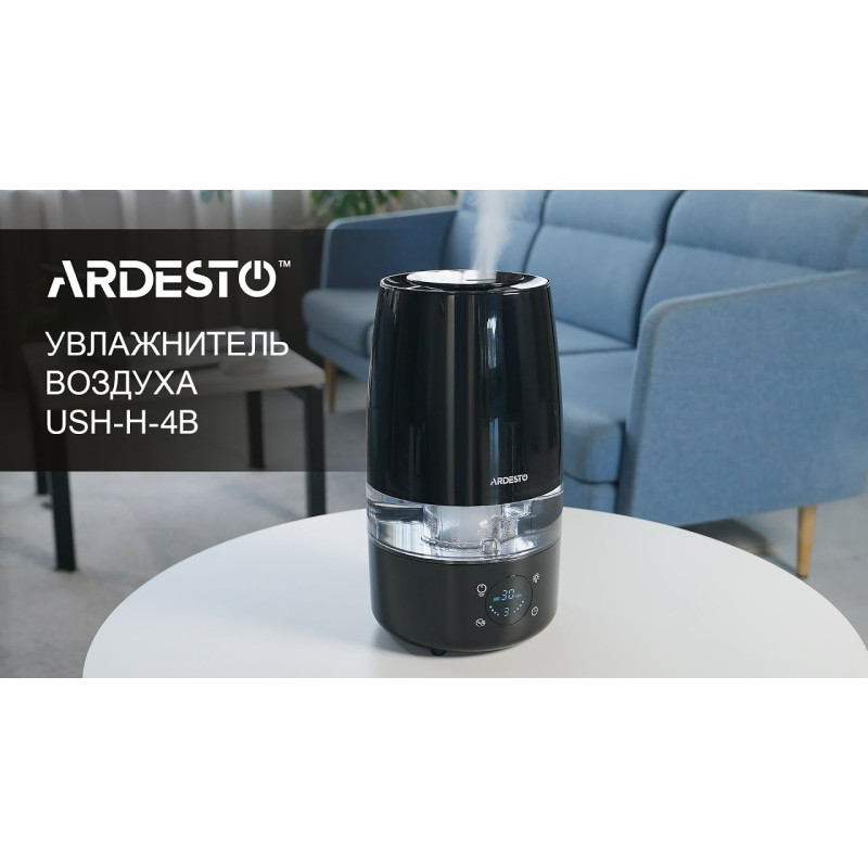 ARDESTO Зволожувач повітря ультразвуковий, 30м2, 4л, 300мл/г, електр. кер-ння, пульт ДК, верх. залив води, дисплей, чорний (USH-H-4B)
