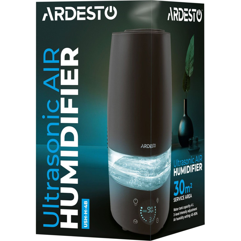 ARDESTO Зволожувач повітря ультразвуковий, 30м2, 4л, 300мл/г, електр. кер-ння, пульт ДК, верх. залив води, дисплей, чорний (USH-H-4B)