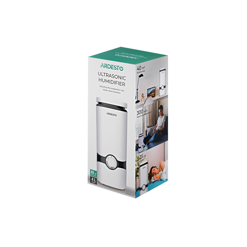 ARDESTO Зволожувач повітря ультразвуковий, 40м2, 4л, 300мл/г, мех. кер-ння, верх. залив води, білий (USH-M-BTN-4L-W)