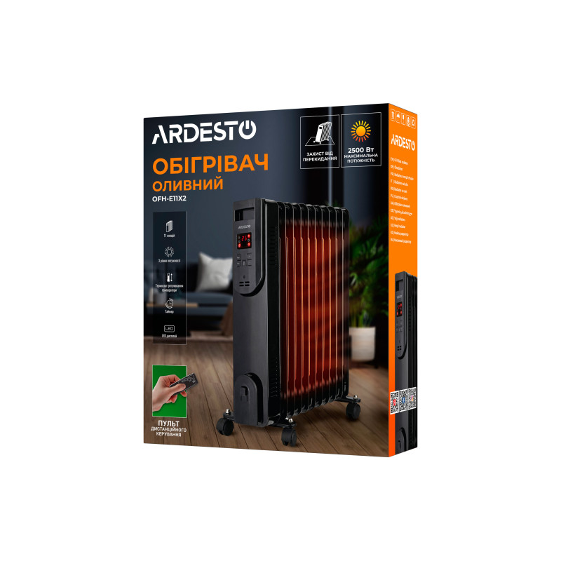 ARDESTO Обігрівач оливний, 25м2, 2500Вт, електр. упр-ння, 11 секцій, пульт ДК, чорний (OFH-E11X2)