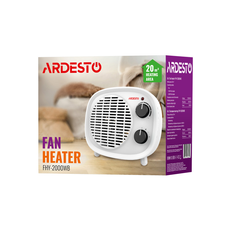 ARDESTO Тепловентилятор, 20м2, 2000Вт, мех. упр-ння, спіральний нагрів. елемент, білий/чорний (FHY-2000WB)