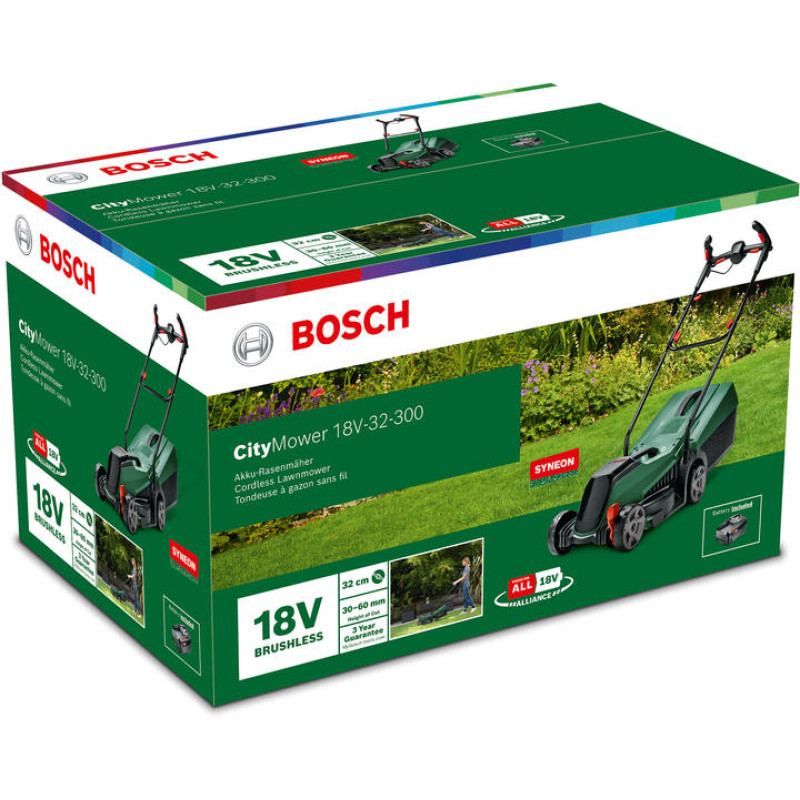 BOSCH Газонокосарка акумуляторна CityMower 18V-32-300 18В акб 1х4А·год 34см 31л 30-60мм 9.4кг (06008B9A07)