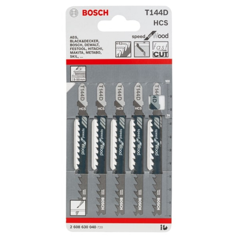 BOSCH Полотно пиляльне для електролобзика по дереву T144D, 4-5.2х100мм, 5шт (2608630040)