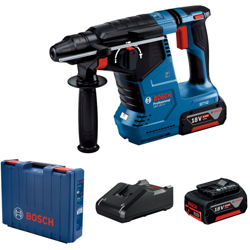 BOSCH Перфоратор GBH 187-LI Professional акумуляторний, 2*18 В 5 Аг, SDS-Plus, 2.4 Дж, 980 об/хв, кейс, 2.9 кг (0611923021)