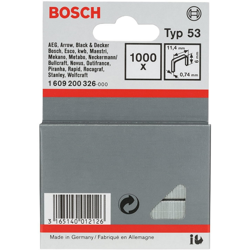 BOSCH Скоби металеві, тип 53, 6х11.4х0.74мм, 1000шт (1609200326)