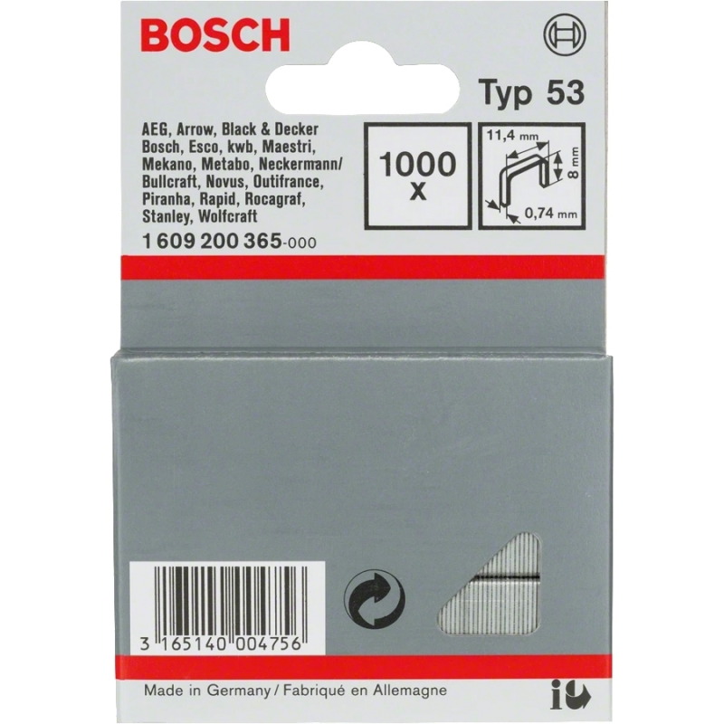 BOSCH Скоби металеві, тип 53, 8х11.4х0.74мм, 1000шт (1609200365)