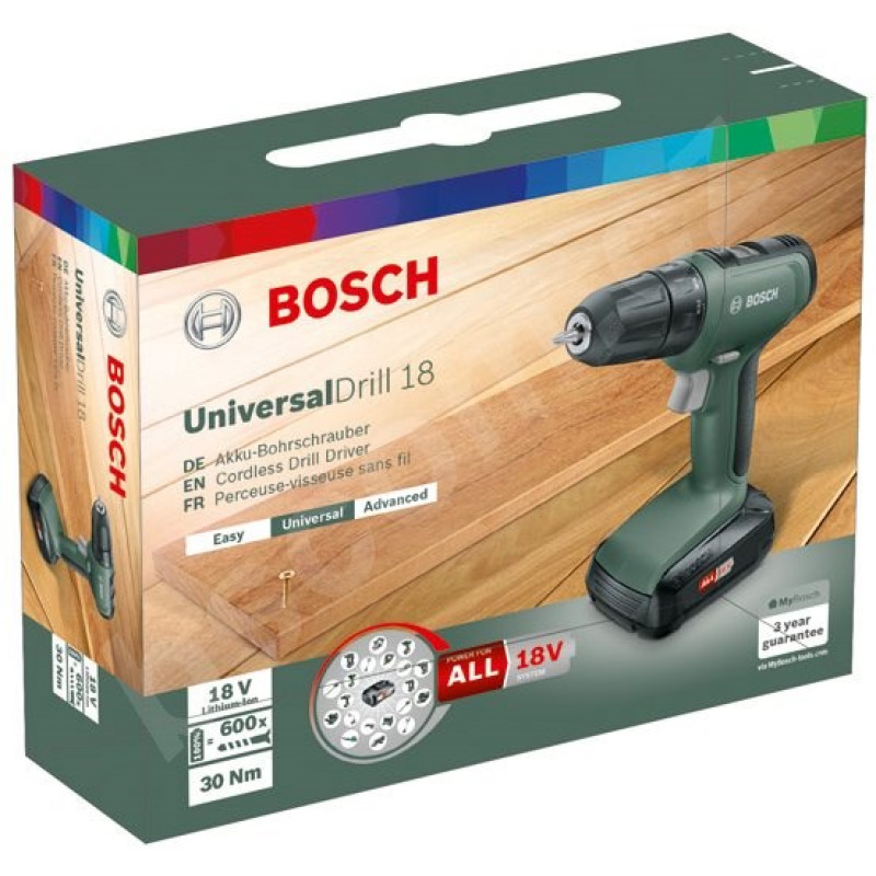 BOSCH Аккумуляторная дрель-шуруповерт UniversalDrill 18 (06039C8001)